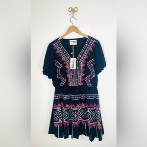 Savannah Jane Black Aztec Embroidered Mini Dress 1X Boho Country NEW